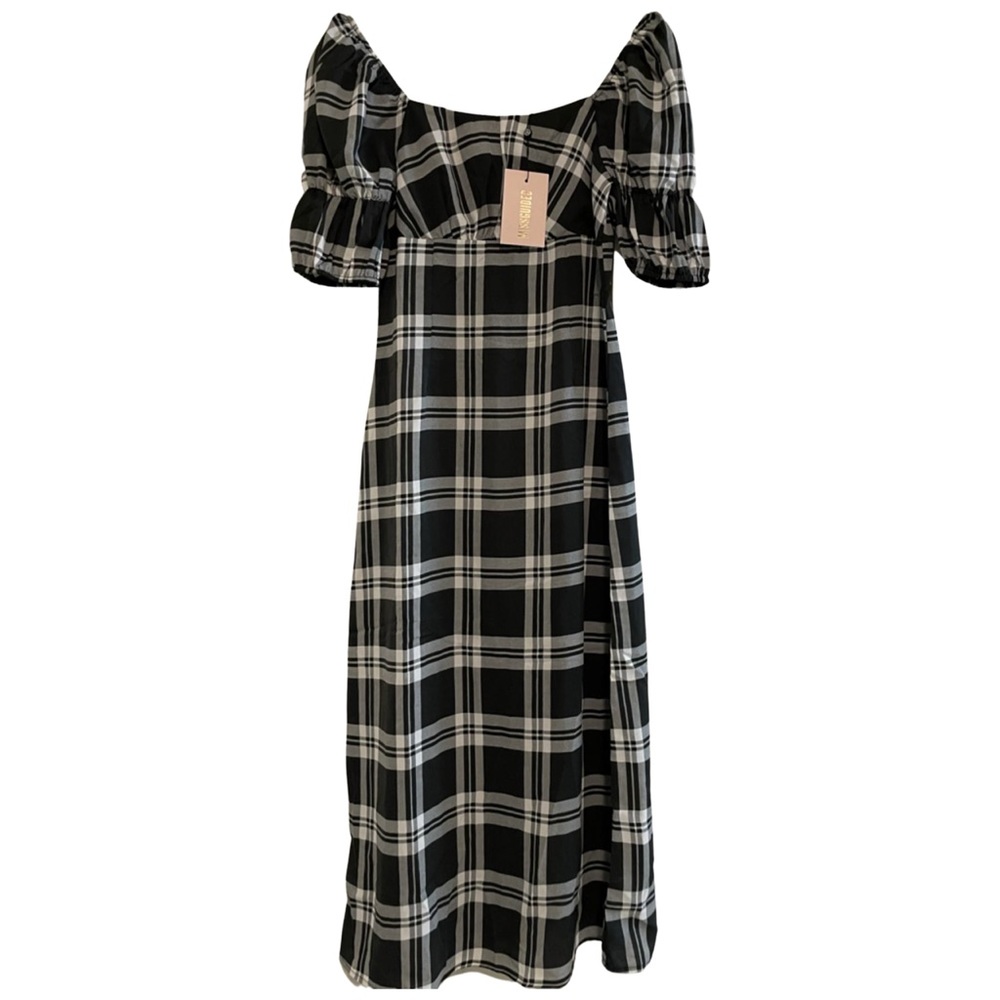 Missguided midi dress with puff sleeve and ruched detail in black check🖤